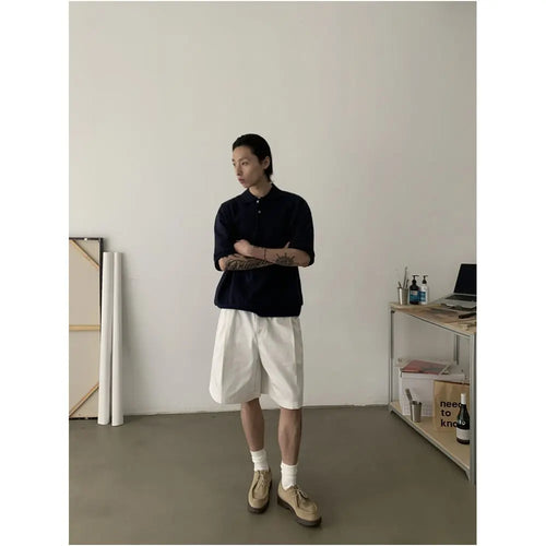 RETRO MINIMALIST DOUBLE PLEATED CASUAL SHORTS image 2