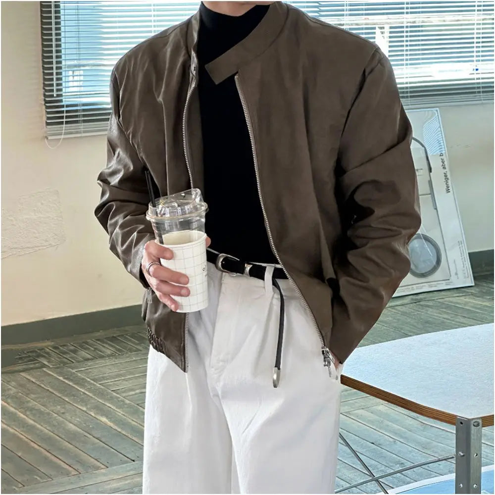 STAND COLLAR LEATHER MOTORCYCLE JACKET Mrcyc