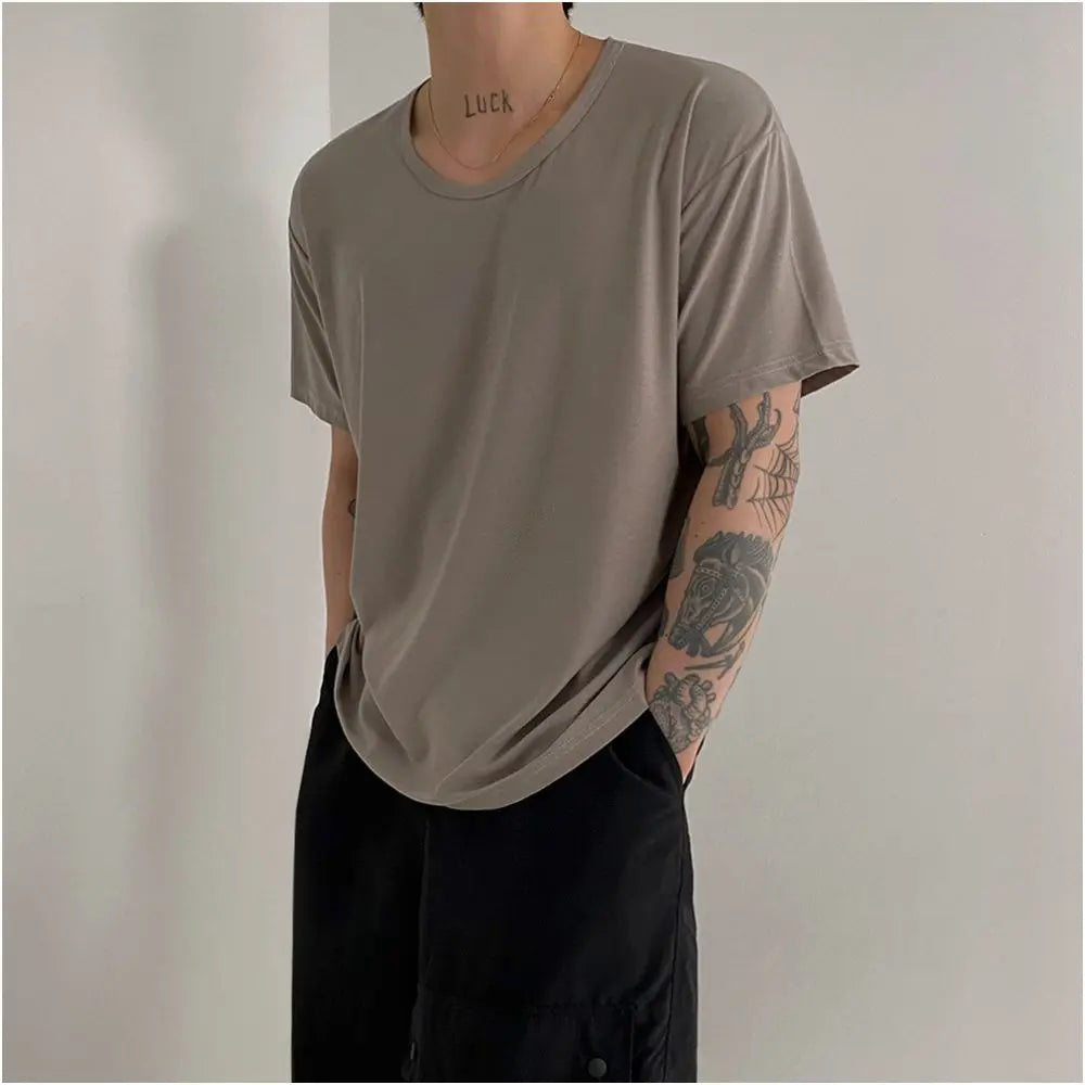 SOLID COLOR LOOSE FIT CREW NECK T SHIRT Mrcyc
