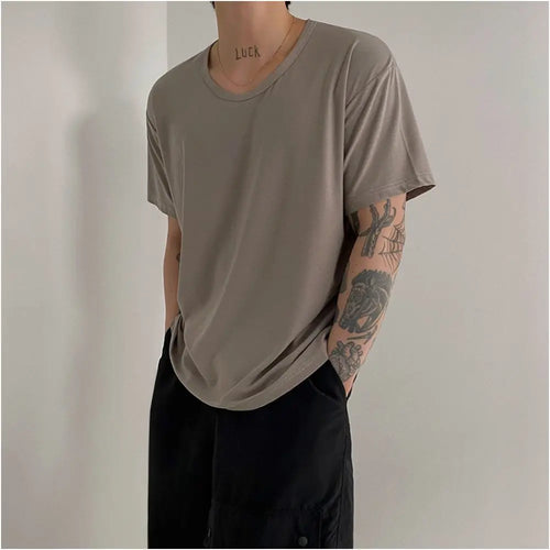 SOLID COLOR LOOSE FIT CREW NECK T SHIRT Mrcyc