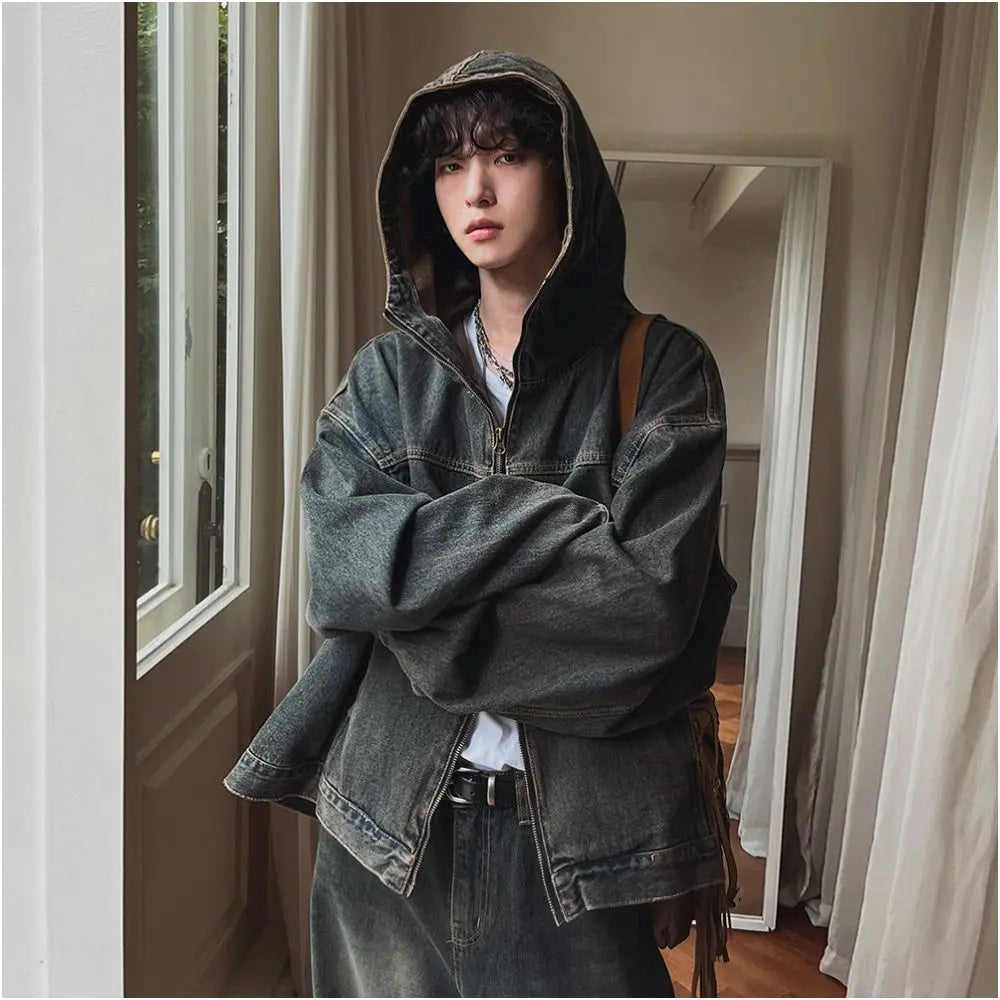 DISTRESSED LOOK LOOSE FIT DENIM HOODED JACKET 其它（服饰）