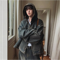 DISTRESSED LOOK LOOSE FIT DENIM HOODED JACKET