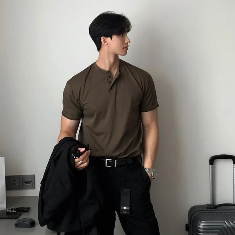 HENLEY COLLAR SHORT SLEEVE T SHIRT