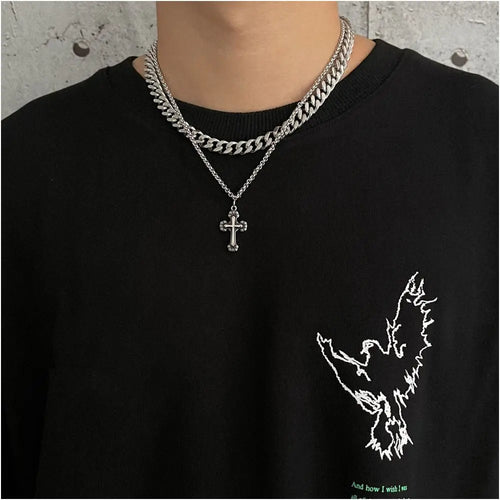 Carmen s INS Dark Retro Cross Pendant Hip Hop Unique Double Layer Design Titanium Steel Necklace for Men s Sweater Chain image 1