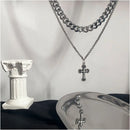 Carmen s INS Dark Retro Cross Pendant Hip Hop Unique Double Layer Design Titanium Steel Necklace for Men s Sweater Chain image 2