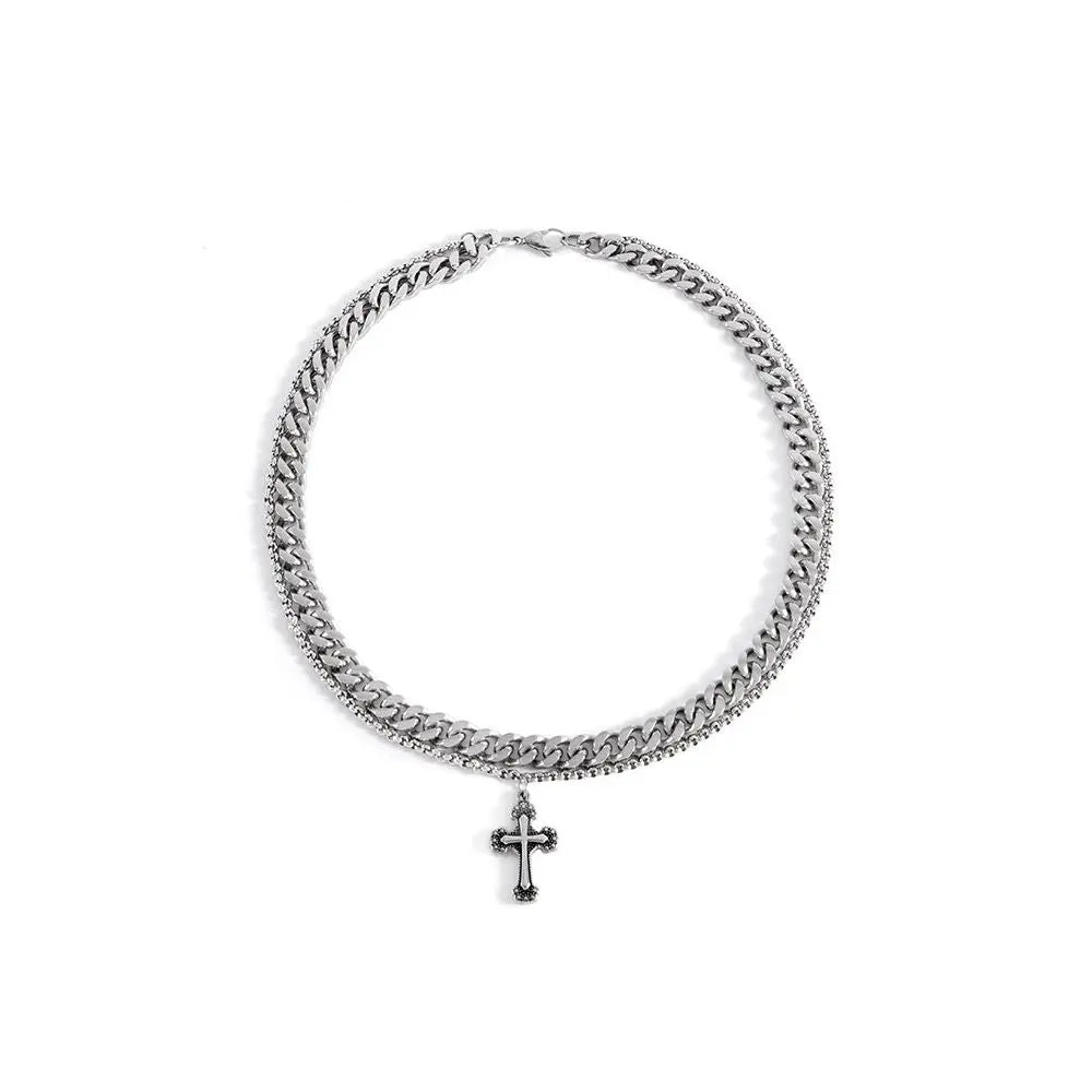 Carmen s INS Dark Retro Cross Pendant Hip Hop Unique Double Layer Design Titanium Steel Necklace for Men s Sweater Chain image 5