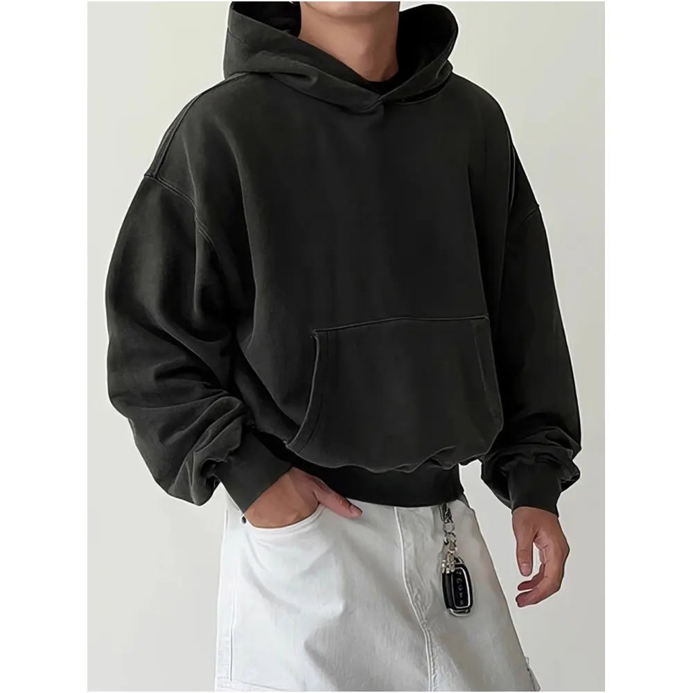American retro high end fleece lined short heavyweight hooded sweatshirt for men autumn and winter Korean Dongdaemun style thick coat image 4