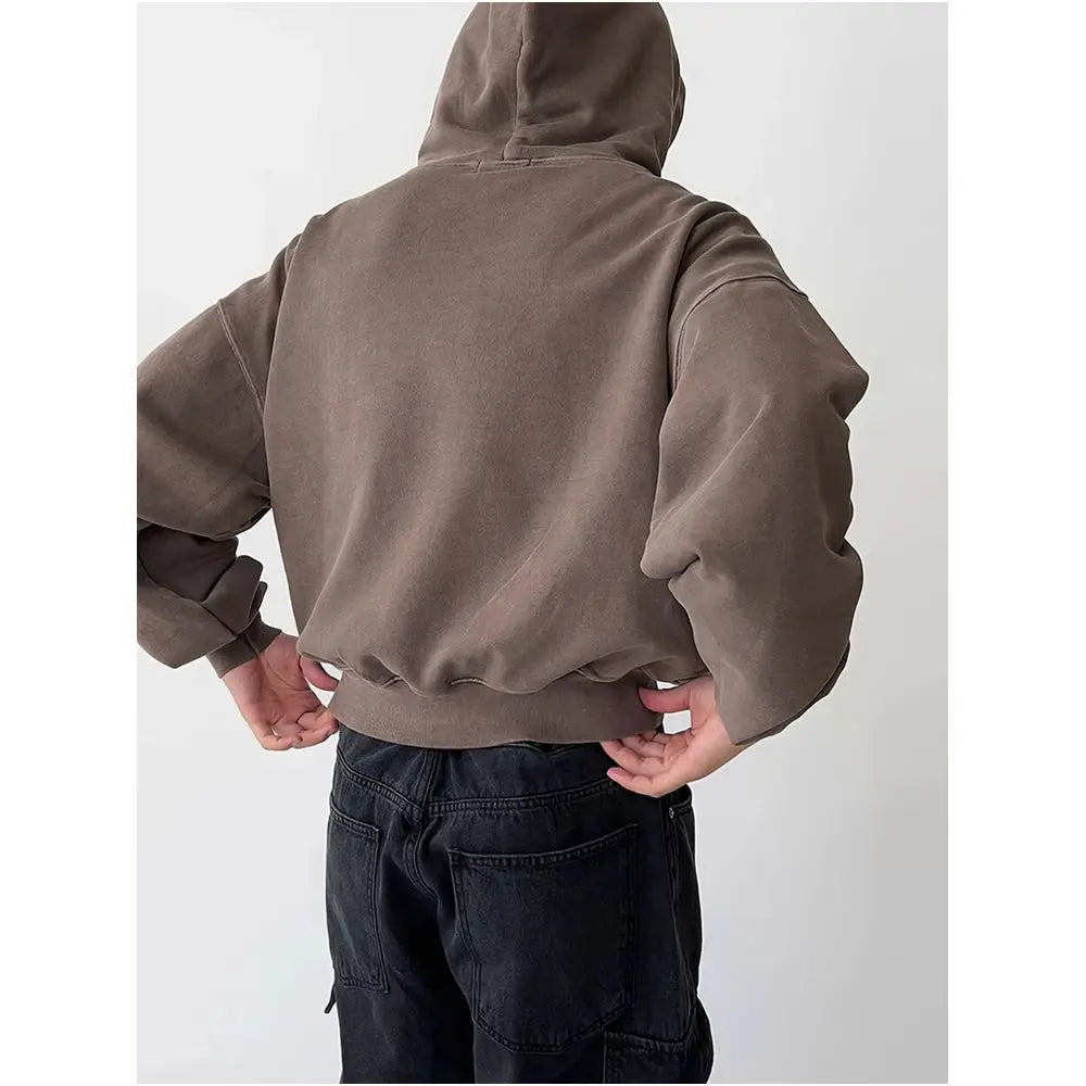 American retro high end fleece lined short heavyweight hooded sweatshirt for men autumn and winter Korean Dongdaemun style thick coat image 5