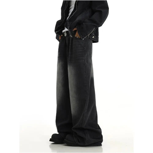 American retro washed denim jeans for men unique design trendy and stylish loose fit versatile straight leg casual wide leg pants image 2