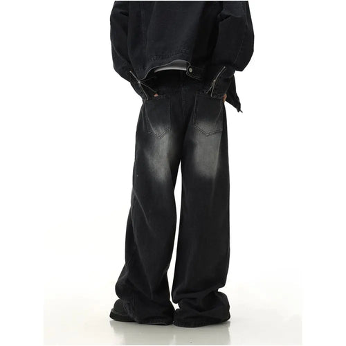 American retro washed denim jeans for men unique design trendy and stylish loose fit versatile straight leg casual wide leg pants image 4