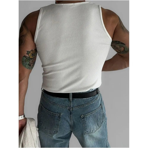 American style round neck vertical striped ribbed slim fit knit vest for men 2024 new casual stretch sleeveless T shirt image 3