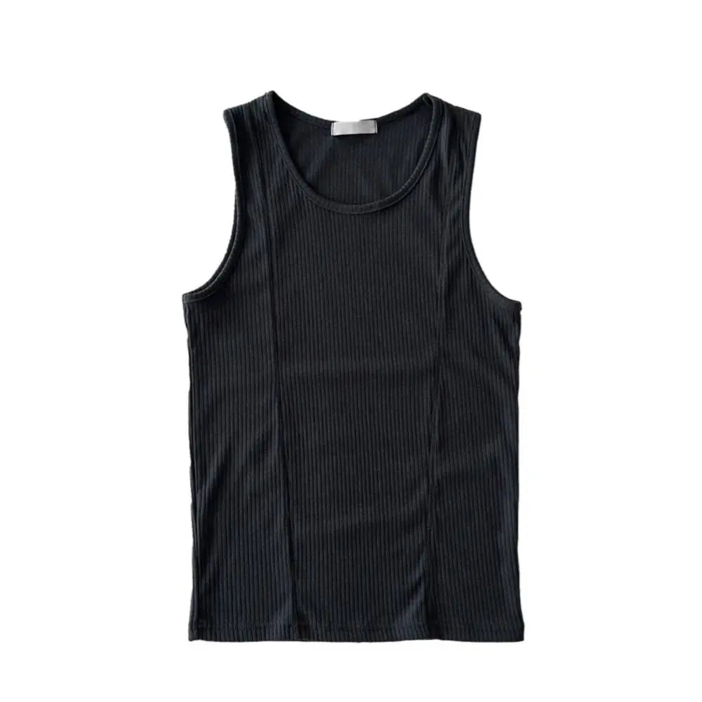 American style round neck vertical striped ribbed slim fit knit vest for men 2024 new casual stretch sleeveless T shirt image 5