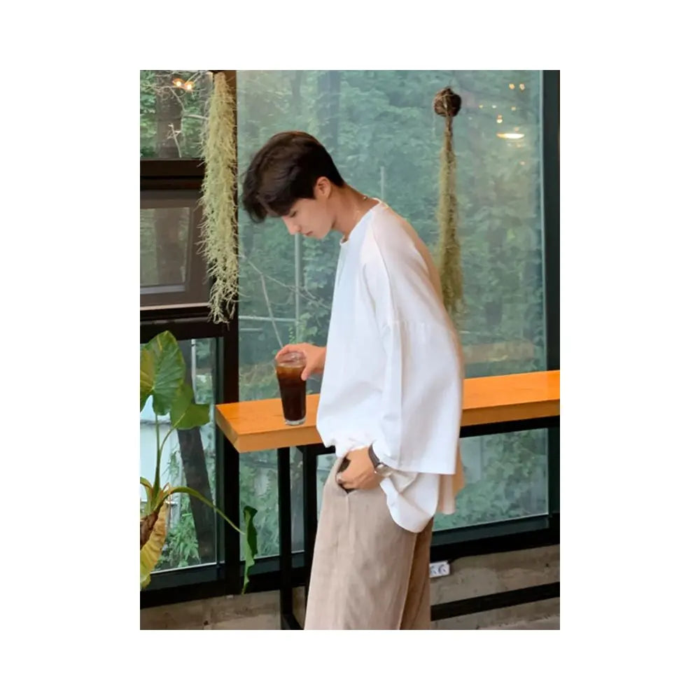 Summer round neck white short sleeved top with three quarter sleeves versatile Korean version Dongdaemun men s clothing lazy feeling image 1
