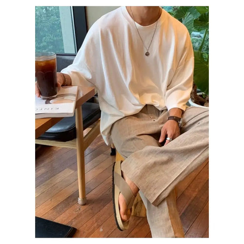 Summer round neck white short sleeved top with three quarter sleeves versatile Korean version Dongdaemun men s clothing lazy feeling image 3