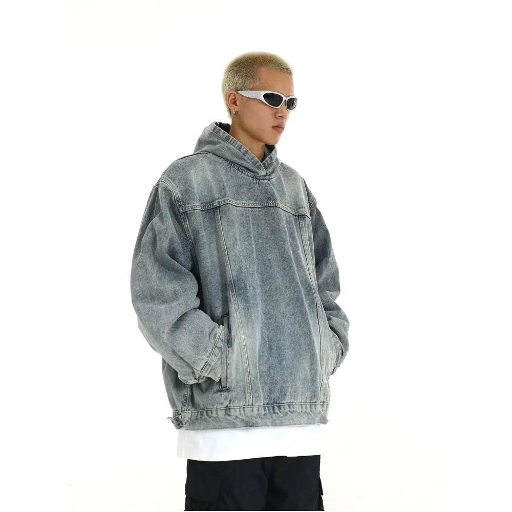 Heavy retro washed hooded denim jacket for men and women trendy brand niche couple versatile loose and casual pullover sweater image 3