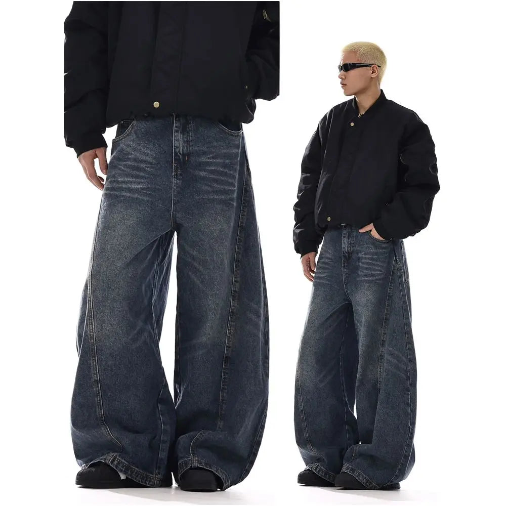 RETRO WASHED CURVED LEG WIDE JEANS
