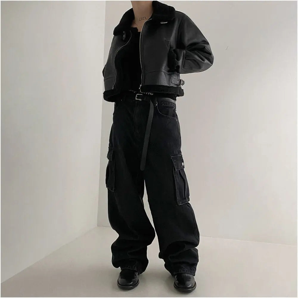 MRCYC fur integrated cotton jacket men s winter Korean loose suede lambskin motorcycle leather jacket image 3