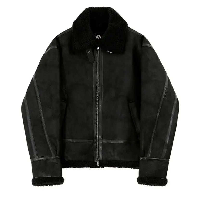 MRCYC fur integrated cotton jacket men s winter Korean loose suede lambskin motorcycle leather jacket image 5