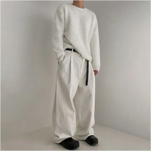 MRCYC mink fur lazy knitted sweater men s autumn and winter Korean loose solid color top soft glutinous round neck thick sweater image 2