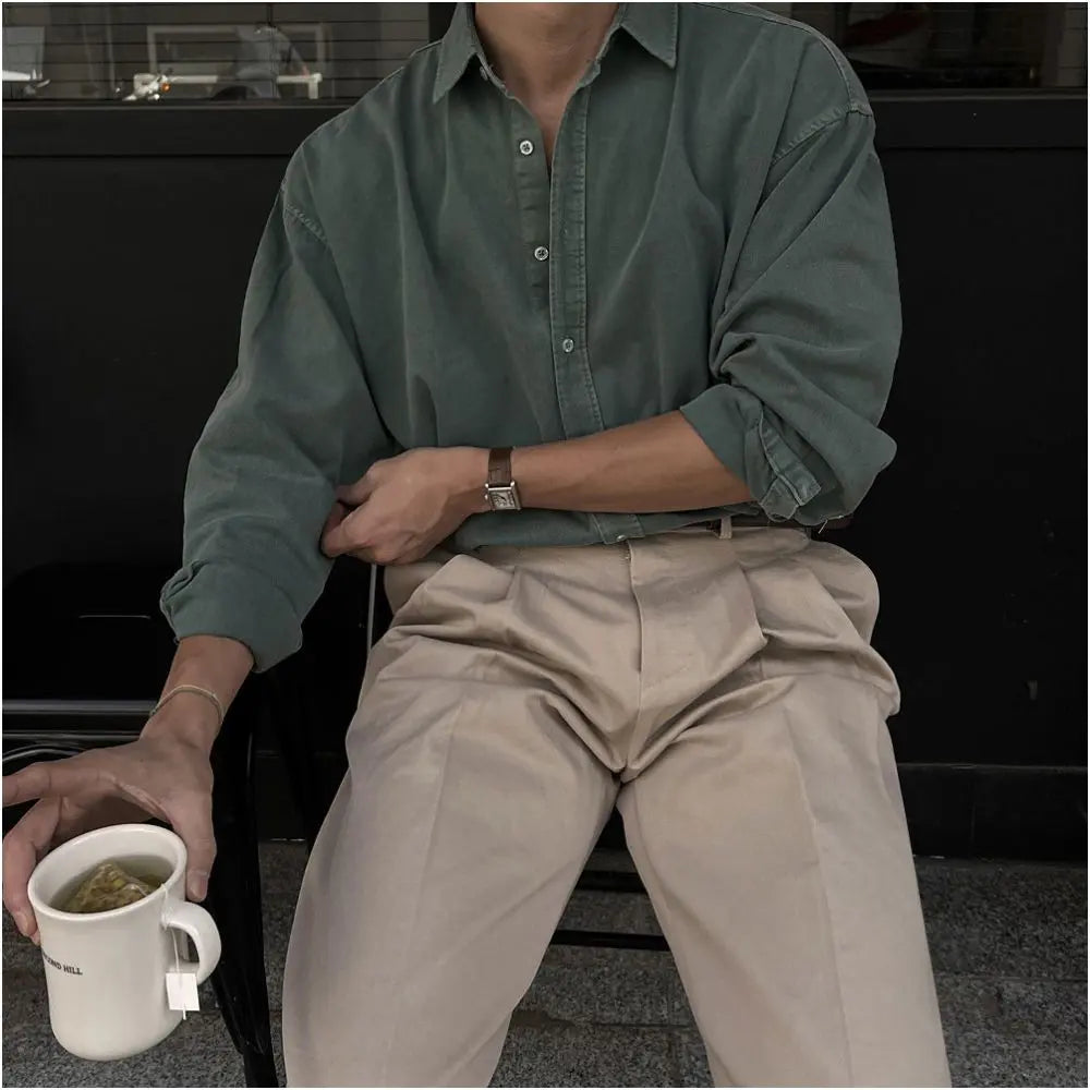 MRCYC retro washed casual shirt men s spring new long sleeved shirt Korean style trendy high end inch clothing image 2