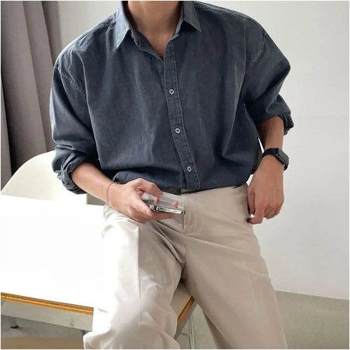 MRCYC retro washed casual shirt men s spring new long sleeved shirt Korean style trendy high end inch clothing image 4
